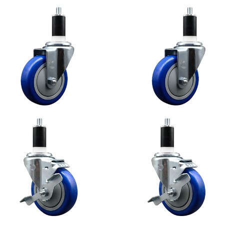 Service Caster 4'' SS Blue Poly Wheel Swivel 1-3/8'' Expanding Stem Caster Set 2 Brakes, 4PK SCC-SSEX20S414-PPUB-BLUE-2-TLB-2-138